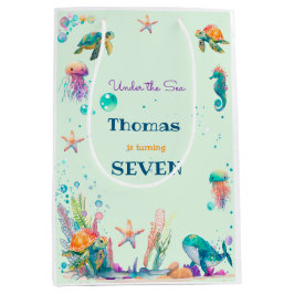 Sacola Para Presentes Média Aquarela sob o aniversário de criança do mar