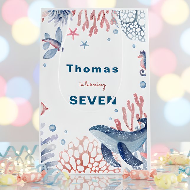 Sacola Para Presentes Média Aquarela sob o aniversário de criança do mar (Criador carregado)