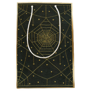Sacola Para Presentes Média Aranha-teia e estrelas pretas e douradas