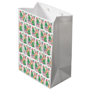 Sacola Para Presentes Média Arco de Natal Préppy Rosa Azul Coquette
