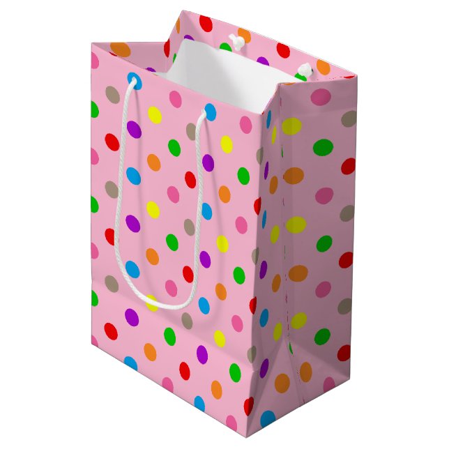 Sacola Para Presentes Média Arco-íris Colorido Bolinhas Rosa  (Frente inclinada)