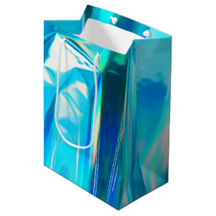 Sacola Para Presentes Média Arco-Íris Metálico Iridescente Aqua Pastel