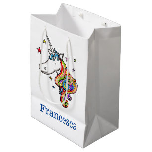 Sacola Para Presentes Média Arco-Íris Personalizado, Unicórnio Média do Coraçã