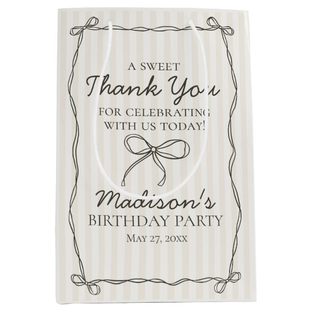 Sacola Para Presentes Média Arco preto bege riscado favorito de aniversário (Frente)