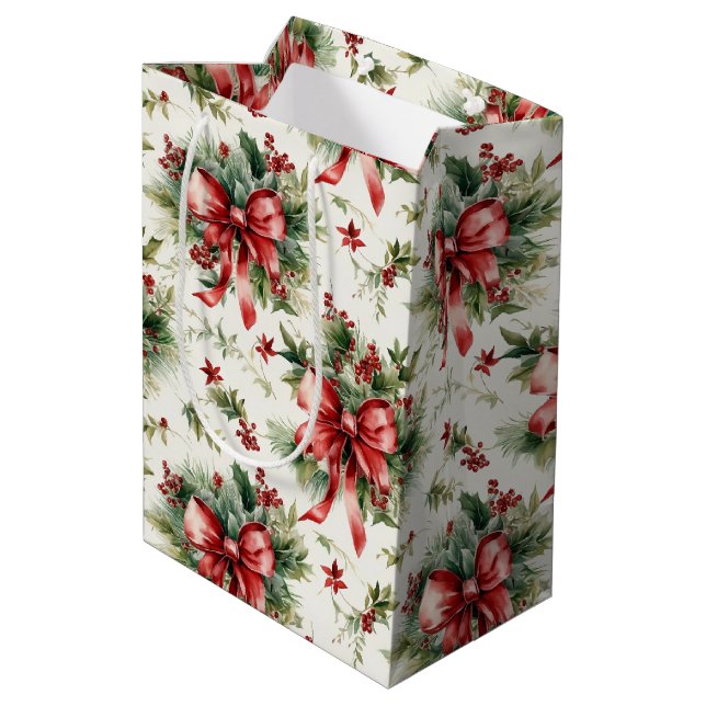 Sacola Para Presentes Média Arcos Vermelhos e Folhas de Azevinho (Verso inclinado)
