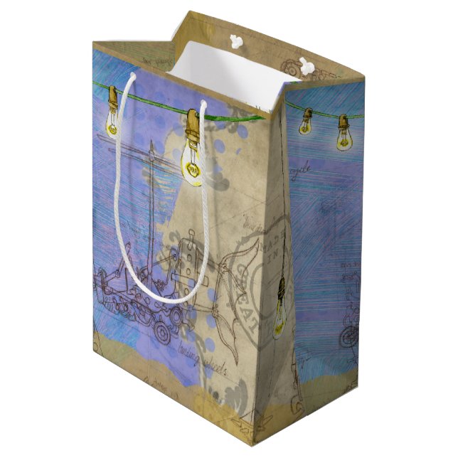 Sacola Para Presentes Média Arquiteto de Lâmpada Edison Mecânica Steampunk (Verso inclinado)