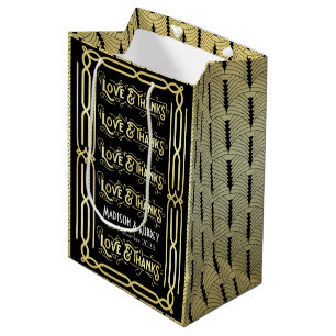 Sacola Para Presentes Média Art Deco Casamento Amor e Obrigados Dourado Preto 