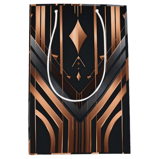 Sacola Para Presentes Média Art Deco Copper & Silver Geometric Design (Frente)