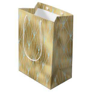 Sacola Para Presentes Média Art Deco Diamond Patterno 2, Dourado e Teal