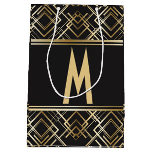 Sacola Para Presentes Média Art deco, preto, ouro, elegante, chique, monograma