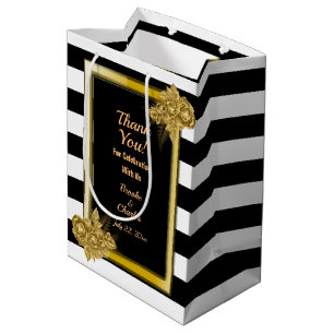 Sacola Para Presentes Média Art Deco, Rosas Dourados Black Stripes