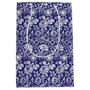 Sacola Para Presentes Média Art Nouveau Carnação Damask, Marinho e Branco