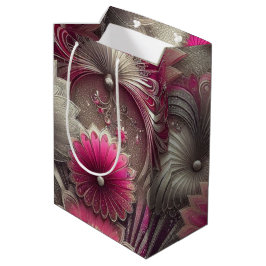 Sacola Para Presentes Média Art Nouveau Ventiladores rosa e prateados