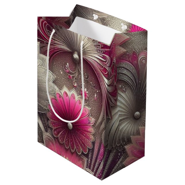 Sacola Para Presentes Média Art Nouveau Ventiladores rosa e prateados (Verso inclinado)
