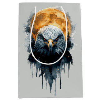 Sacola Para Presentes Média Arte de Águia Careca Majestosa Aquarela Lua Vida S