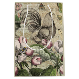 Sacola Para Presentes Média Arte de Colagem de Jardim com Galo Vintage: País F