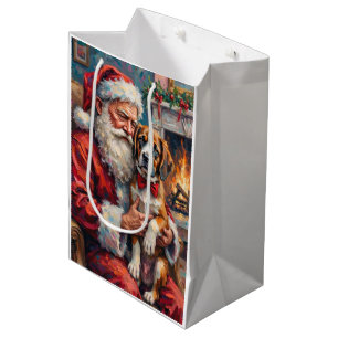 Sacola Para Presentes Média Arte de Natal do Papai Noel segurando São Bernardo
