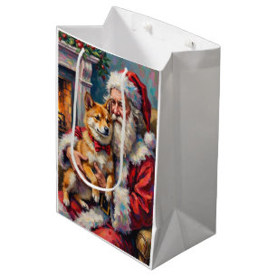 Sacola Para Presentes Média Arte de Natal do Papai Noel segurando Shiba Inu