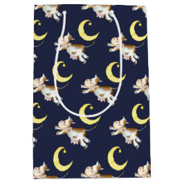 Sacola Para Presentes Média Arte de pintura a aquarela de vaca saltando na lua