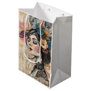 Sacola Para Presentes Média Arte de Retrato em Colagem de Mídia Mista (2)