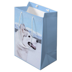 Sacola Para Presentes Média Arte do cão da pintura do rouco Siberian (prata e