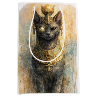 Sacola Para Presentes Média Arte em Aquarela da Gata Deusa Bastet do Antigo Eg