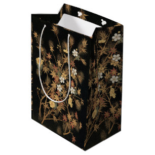 Sacola Para Presentes Média Arte Floral Outonal em Preto e Dourado Japonês Vin