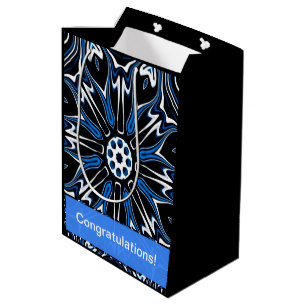 Sacola Para Presentes Média Arte Flores Azul, Preta e Branca da Estônia