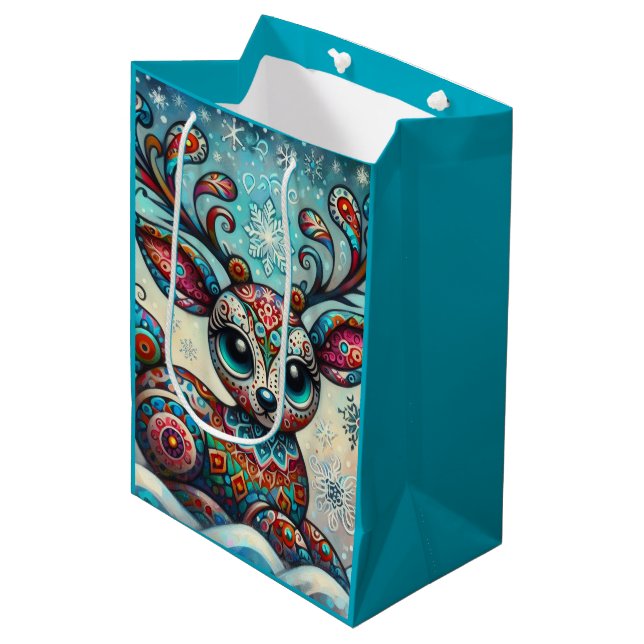 Sacola Para Presentes Média Arte Foliar de Natal Whimsical Big Eyes (Frente inclinada)