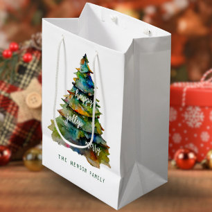 Sacola Para Presentes Média Árvore de Natal Artístico Feliz de Aquarela