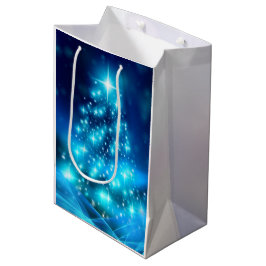 Sacola Para Presentes Média Árvore de Natal Azul Moderna Elétrica com Luzes