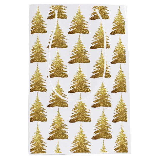 Sacola Para Presentes Média Árvore de Natal bonito e Dourada (Frente)