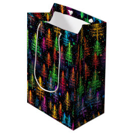 Sacola Para Presentes Média Árvore de Natal Colorida Brilhando na Floresta Esc