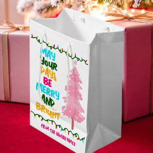 Sacola Para Presentes Média Árvore de Natal Colorida, Cor-de-Rosa, Brilhante, 