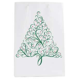 Sacola Para Presentes Média Árvore de Natal da Caligrafia Vermelha e Verde