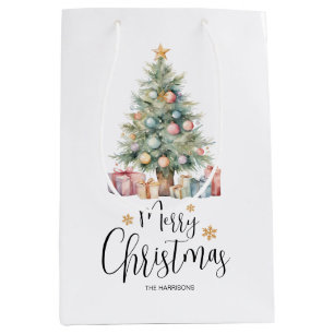Sacola Para Presentes Média Árvore de Natal de Aquarela Elegante Personalizada