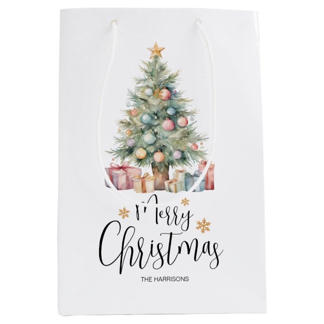 Sacola Para Presentes Média Árvore de Natal de Aquarela Elegante Personalizada (Frente)