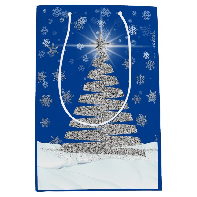 Sacola Para Presentes Média Árvore De Natal De Silver Gliter Azul (Frente)