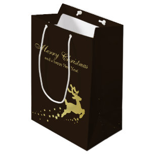 Sacola Para Presentes Média Árvore de Natal dourada com rena