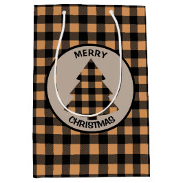 Sacola Para Presentes Média Árvore de Natal Dourada da Xadrez de Buffalo