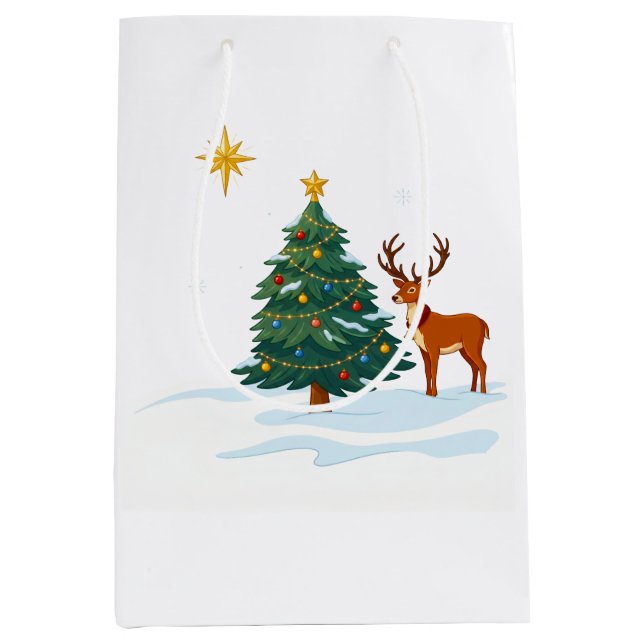 Sacola Para Presentes Média Árvore de Natal e rena (Frente)