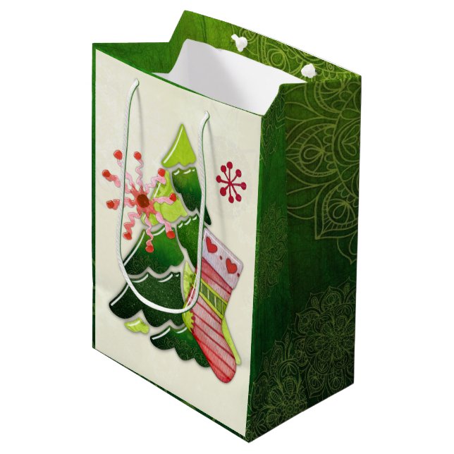 Sacola Para Presentes Média Árvore de Natal e Whimsey (Frente inclinada)