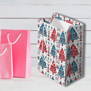 Sacola Para Presentes Média Árvore de Natal Escandinava, Vermelha Floral e Azu