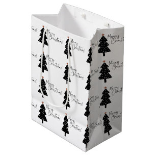 Sacola Para Presentes Média Árvore de Natal feliz, preto e branco