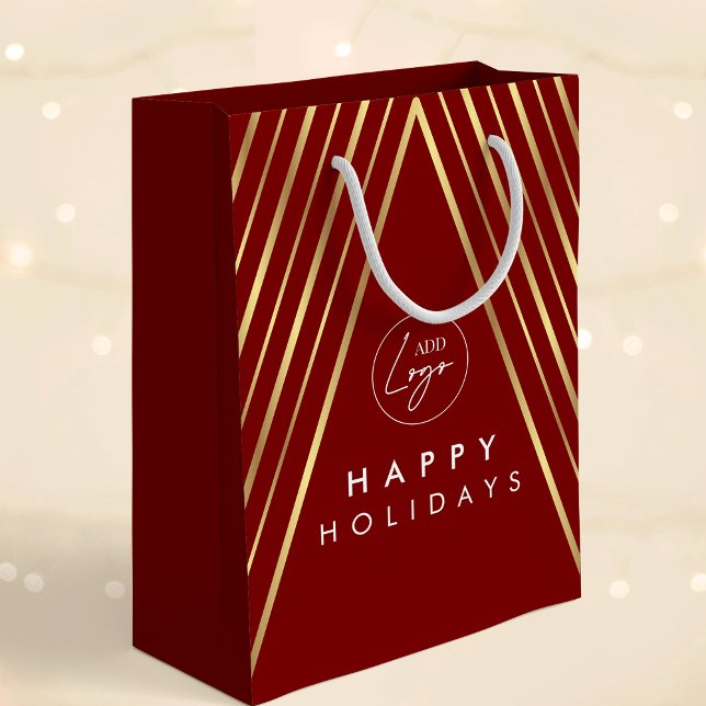 Sacola Para Presentes Média Árvore de Natal Geométrica Vermelha e Dourada de L (Elegant corporate business logo red and gold effects Christmas gift bag)