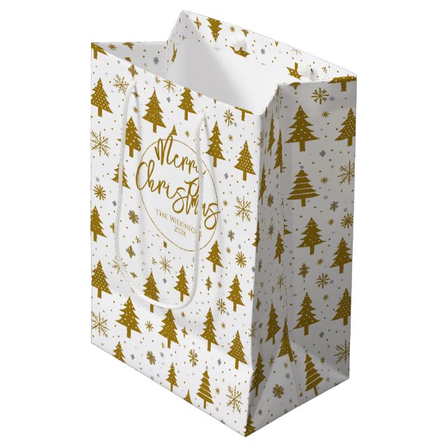 Sacola Para Presentes Média Árvore de Natal Mínima Dourada (Frente inclinada)