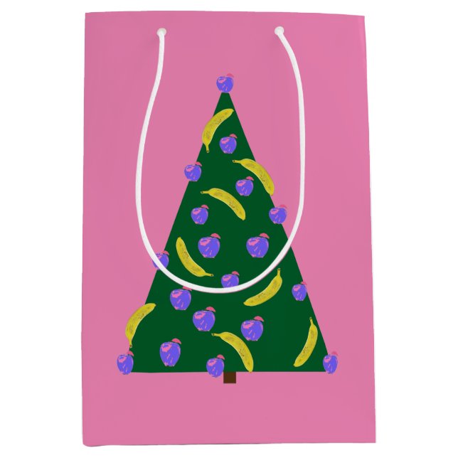 Sacola Para Presentes Média Árvore de Natal pop com Maçãs e Bananas Rosa (Frente)
