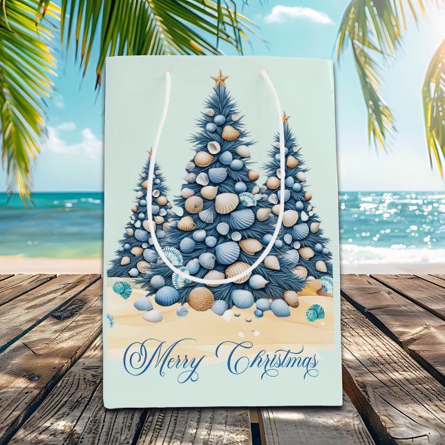 Sacola Para Presentes Média Árvore de Natal Praia Feliz Natal (Criador carregado)