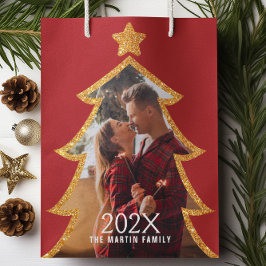 Sacola Para Presentes Média Árvore de Natal Vermelha Brilhante Foto Personaliz