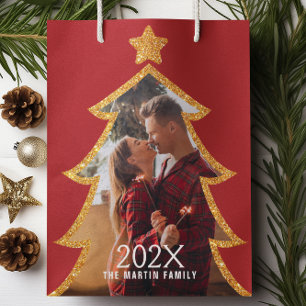 Sacola Para Presentes Média Árvore de Natal Vermelha Brilhante Foto Personaliz
